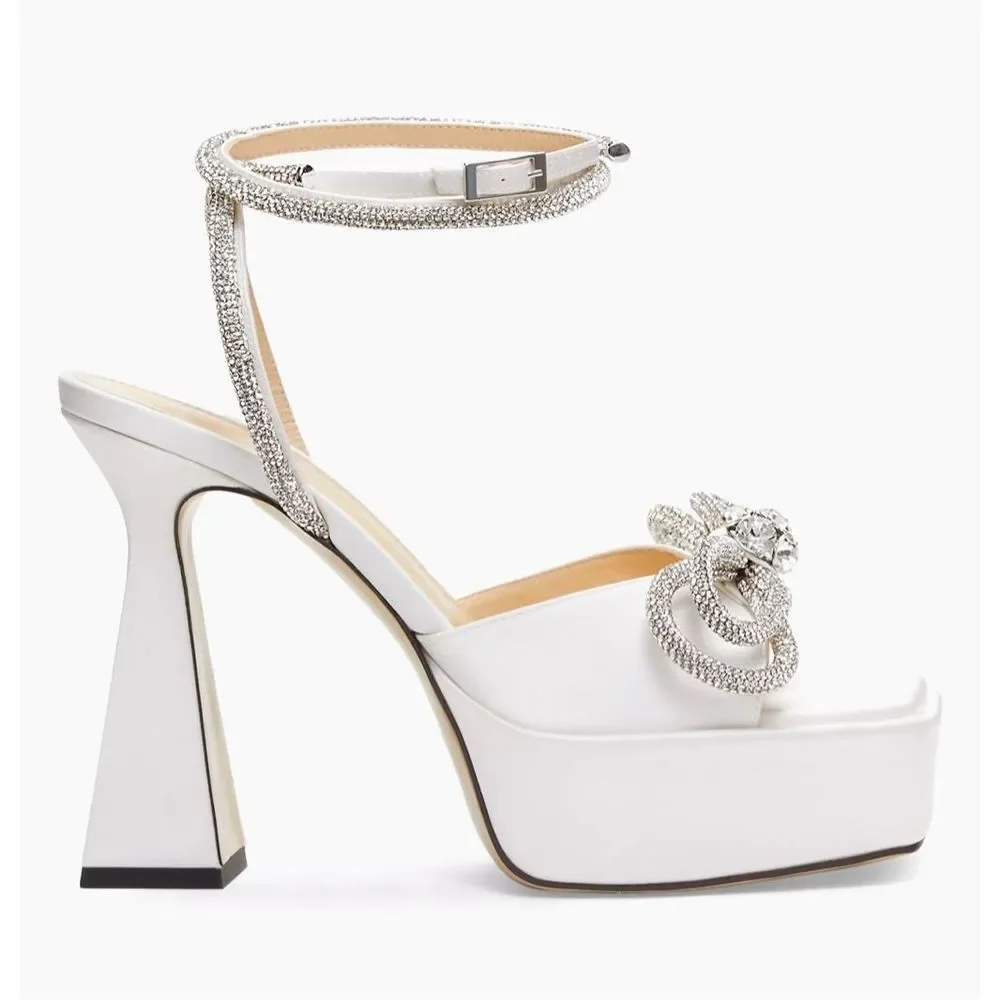 MACH & MACH White Platform Crystal Ankle-Strap Heels